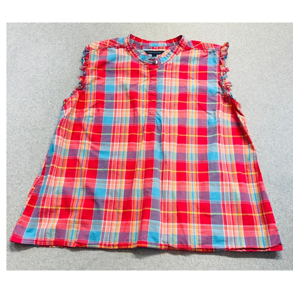 Tommy Hilfiger Womens 3X Multicolor Madras Plaid Sleeveless Ruffle Blouse Casual